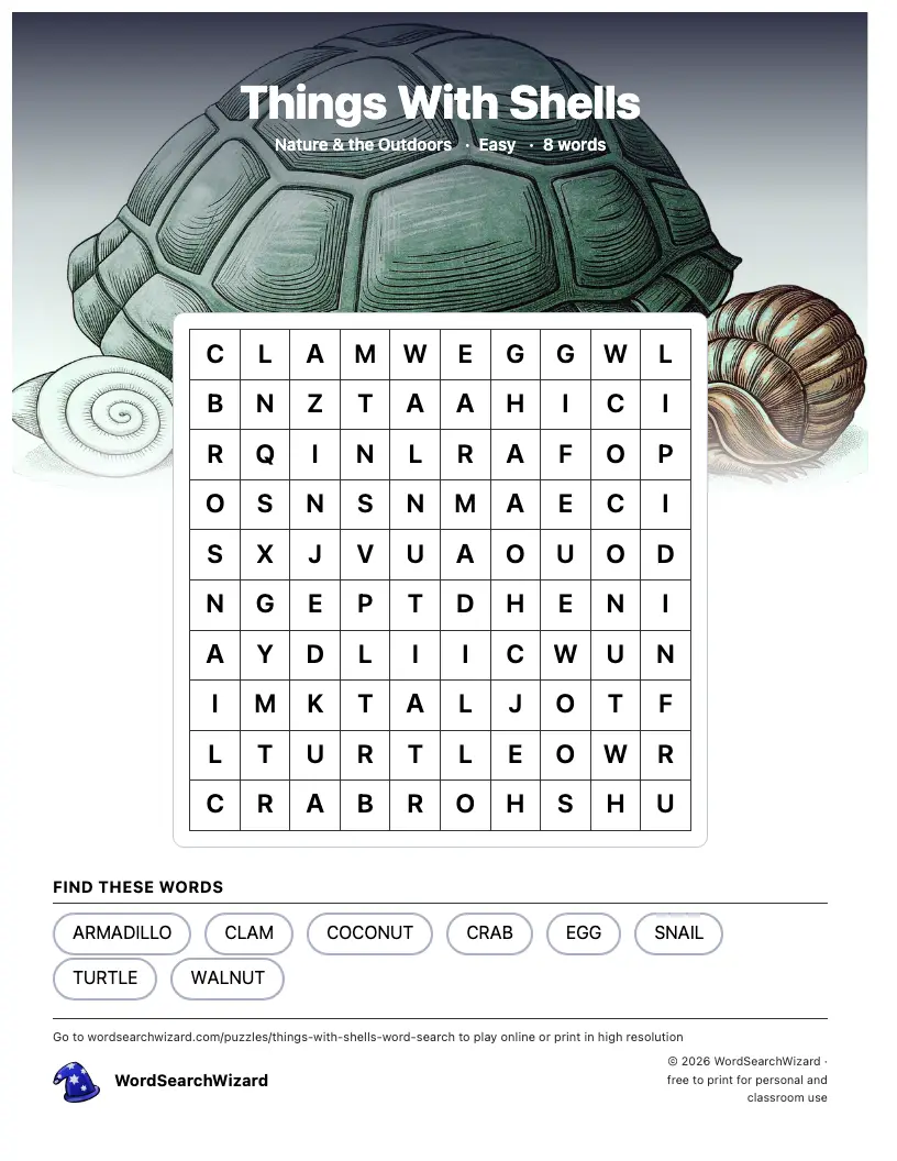 Things With Shells word search printable sheet, 8 words to find
