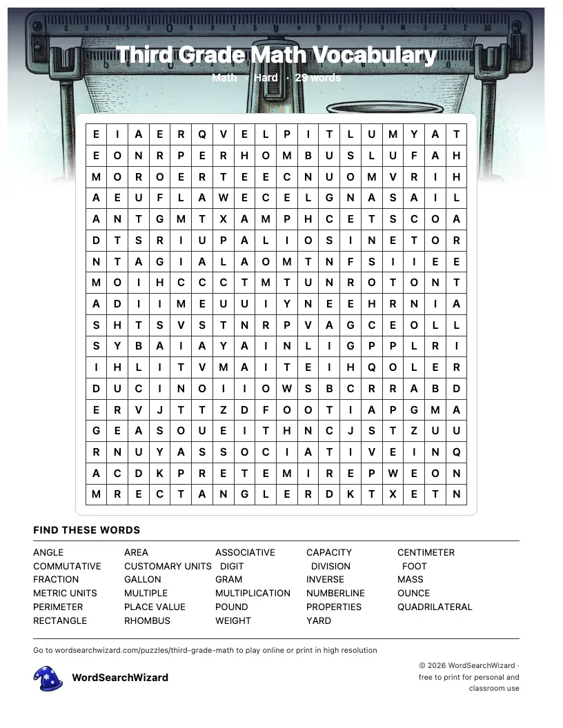 Third Grade Math Vocabulary word search printable sheet, 29 words to find