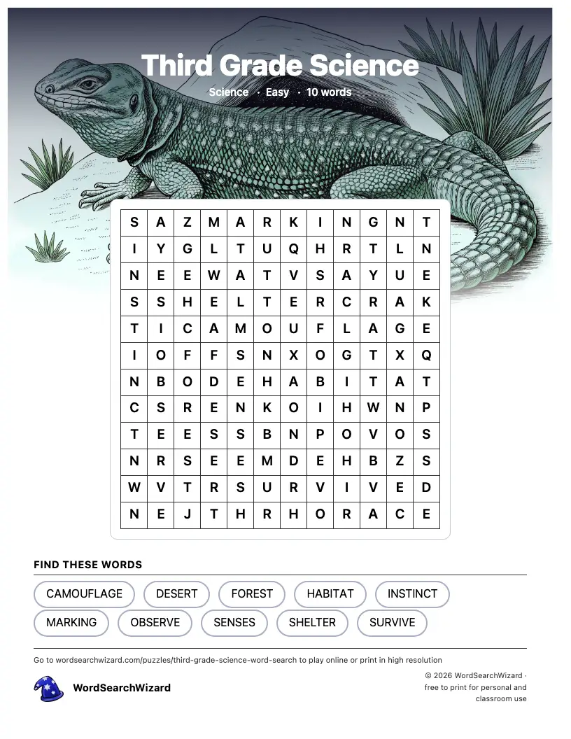 Third Grade Science word search printable sheet, 10 words to find