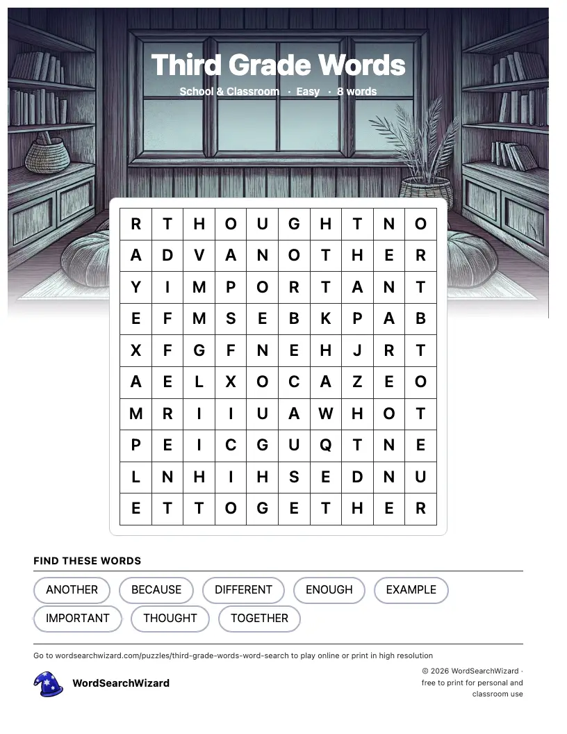 Third Grade Words word search printable sheet, 8 words to find