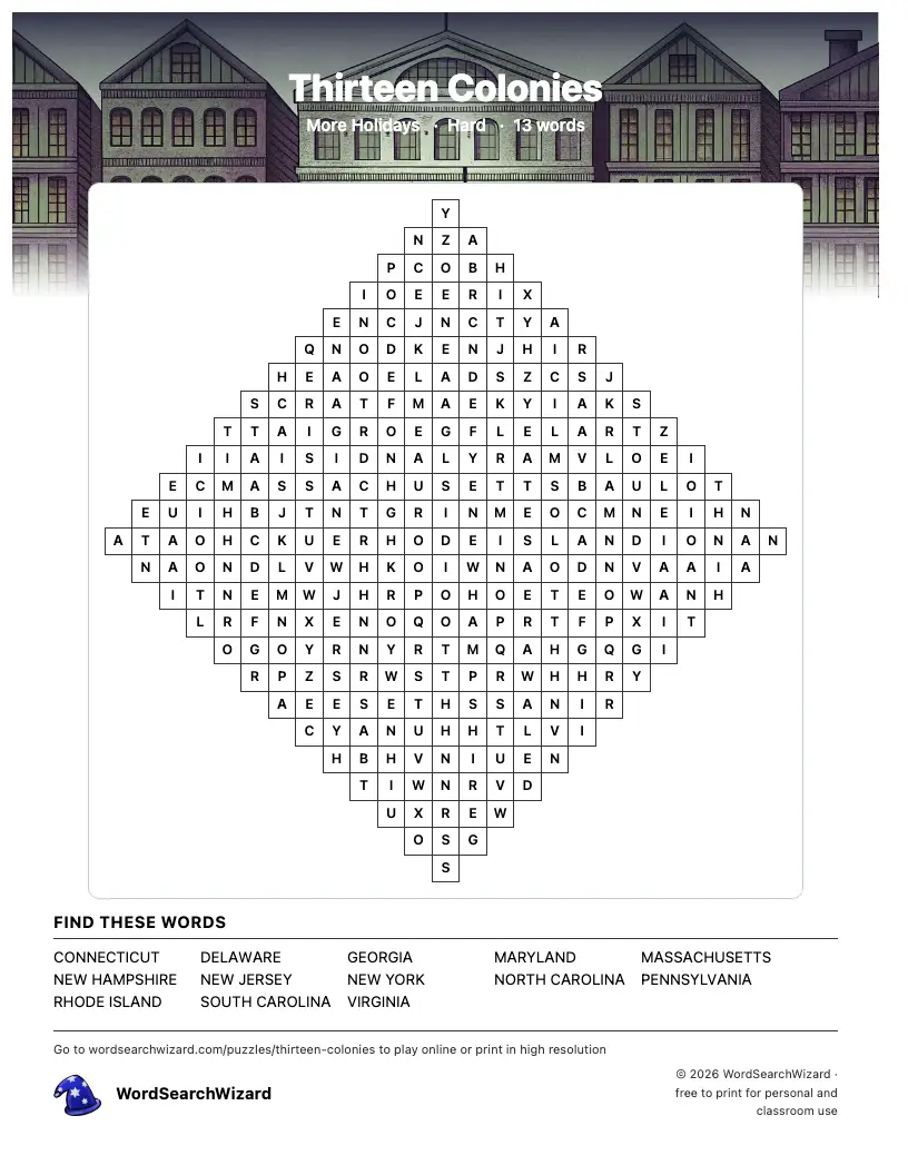 Thirteen Colonies word search printable sheet, 13 words to find