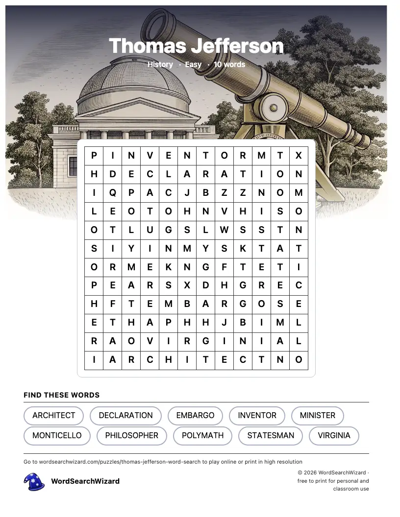 Thomas Jefferson word search printable sheet, 10 words to find