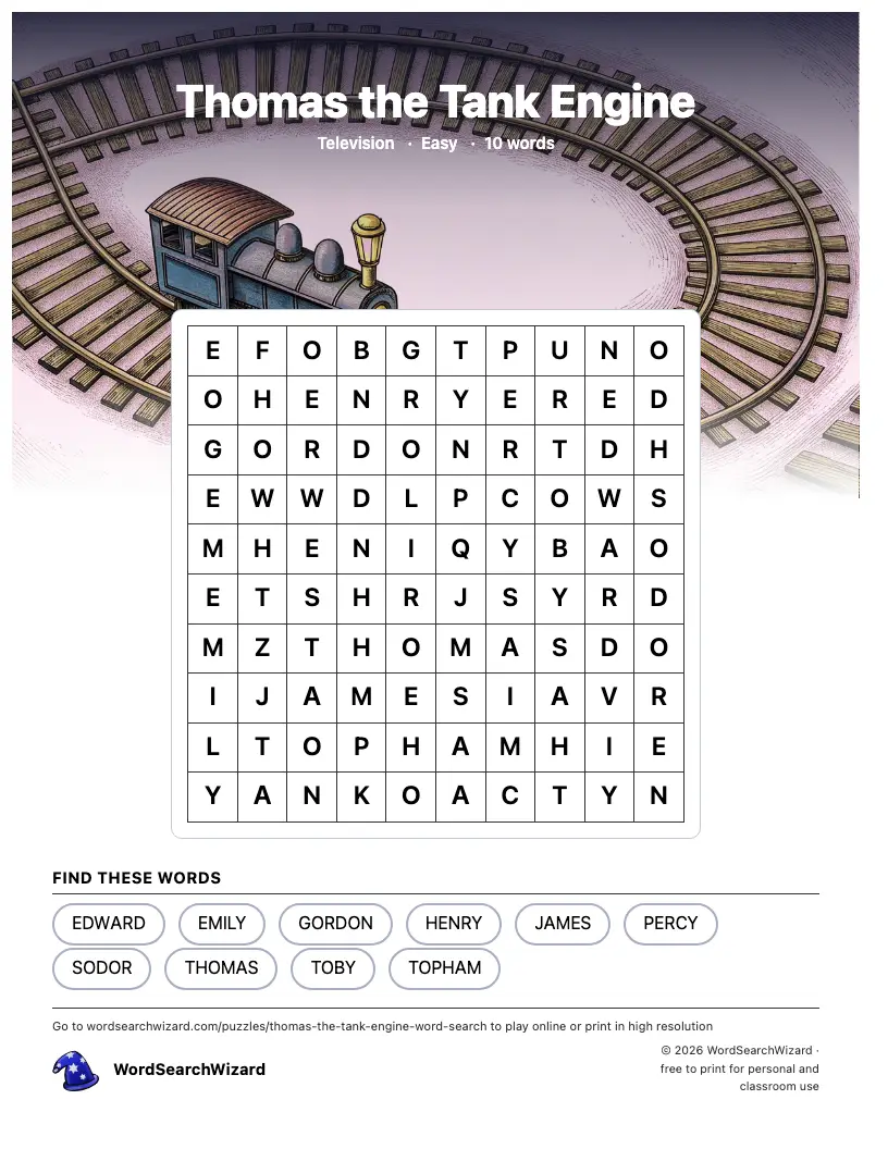 Thomas the Tank Engine word search printable sheet, 10 words to find