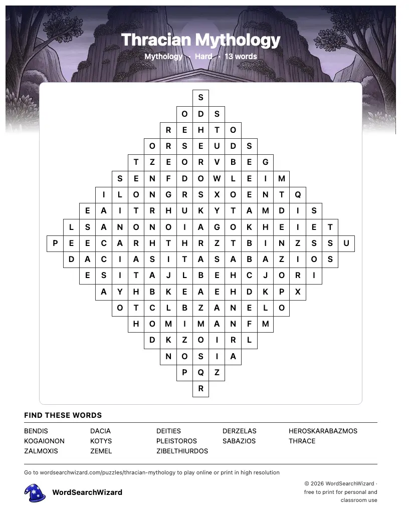 Thracian Mythology word search printable sheet, 13 words to find
