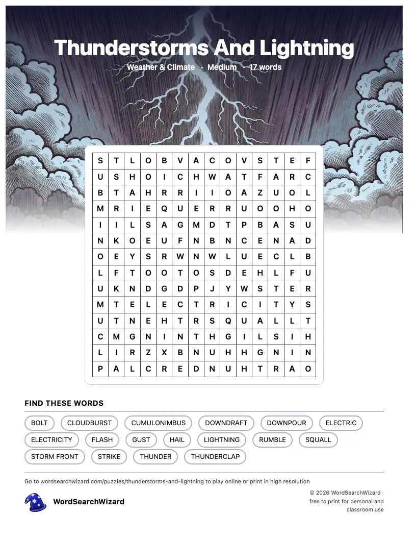 Thunderstorms And Lightning word search printable sheet, 17 words to find