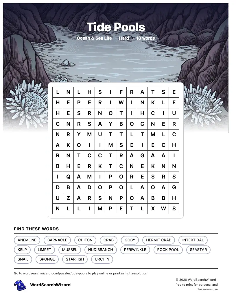 Tide Pools word search printable sheet, 18 words to find