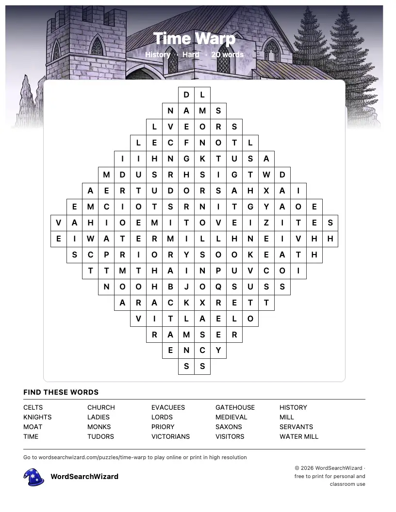 Time Warp word search printable sheet, 20 words to find