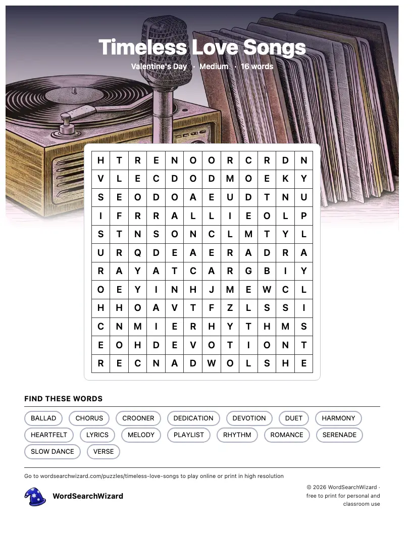 Timeless Love Songs word search printable sheet, 16 words to find