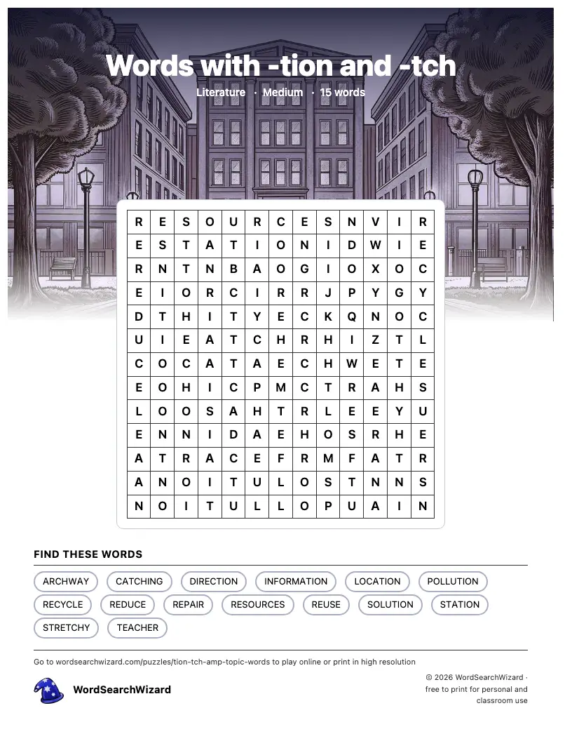 Words with -tion and -tch word search printable sheet, 15 words to find