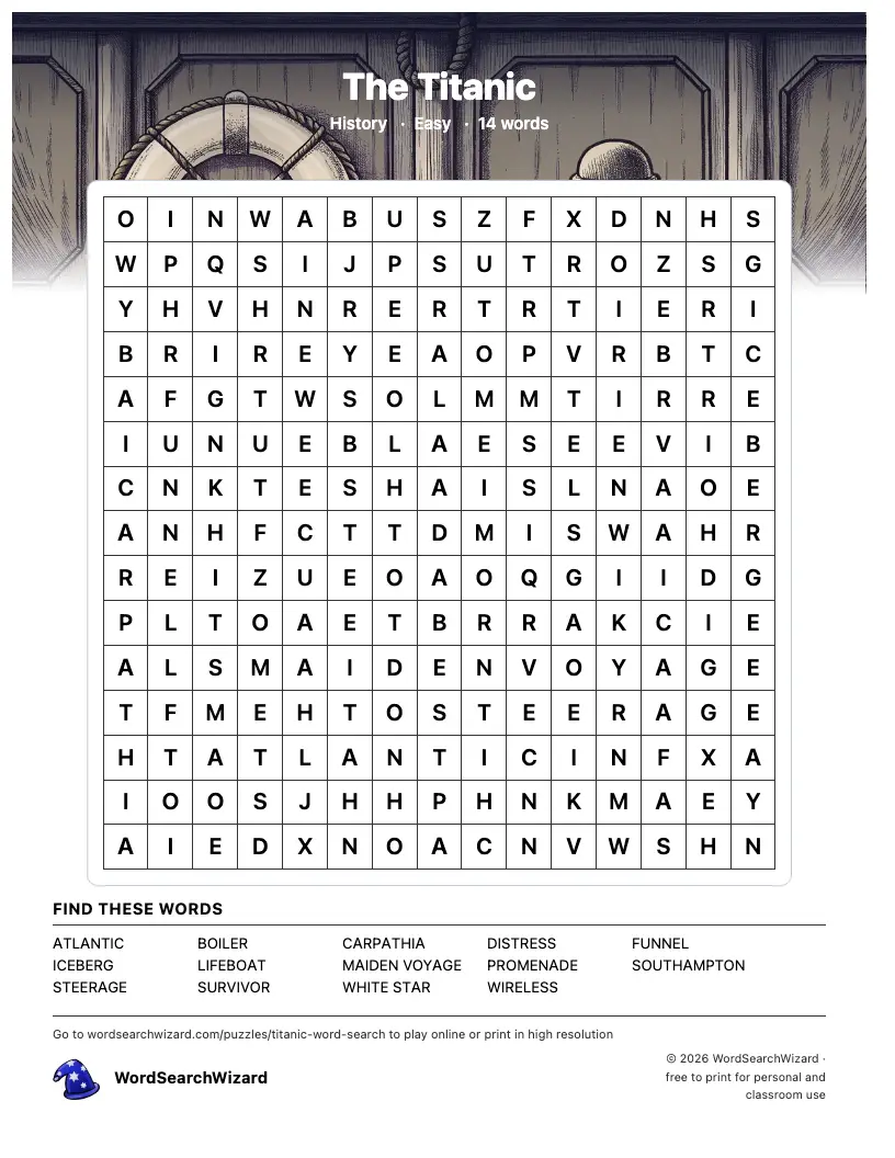 The Titanic word search printable sheet, 14 words to find