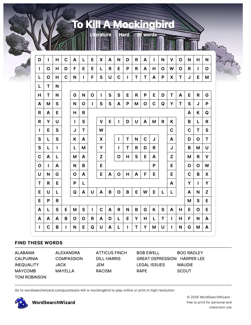 To Kill A Mockingbird word search printable sheet, 21 words to find