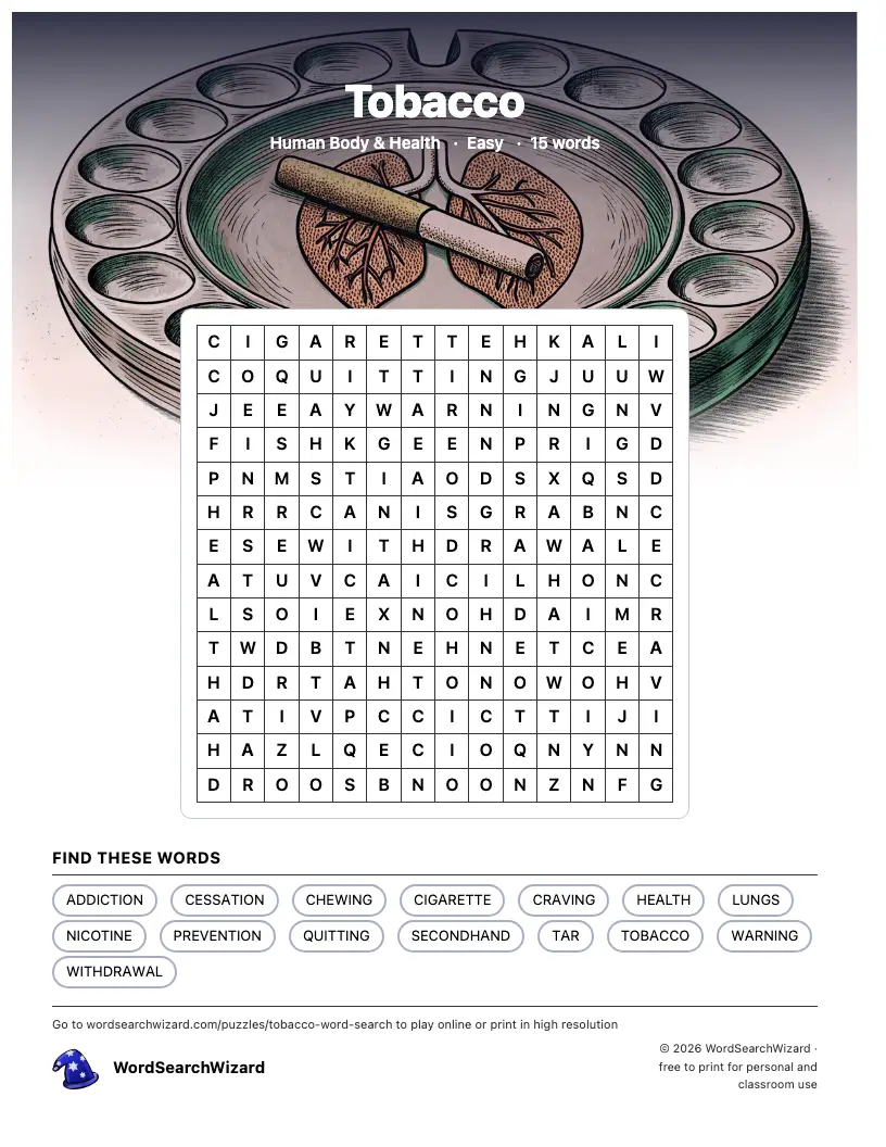 Tobacco word search printable sheet, 15 words to find