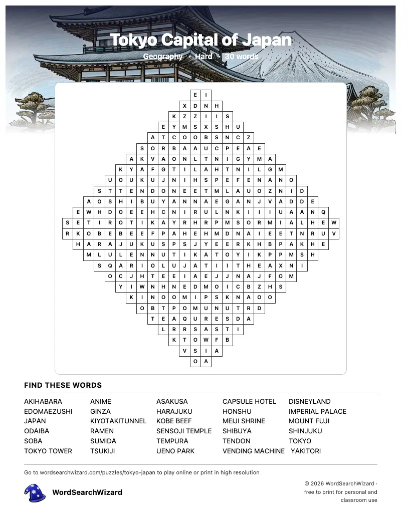Tokyo Capital of Japan word search printable sheet, 30 words to find