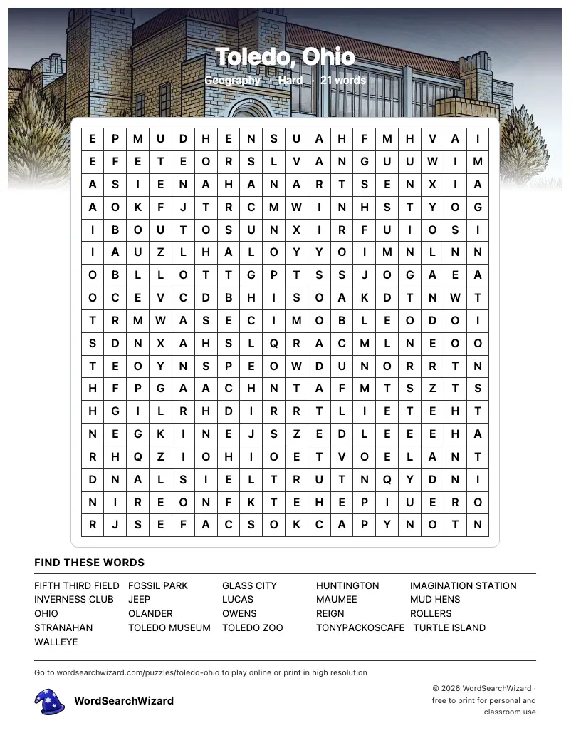 Toledo, Ohio word search printable sheet, 21 words to find