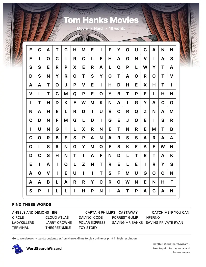 Tom Hanks Movies word search printable sheet, 18 words to find