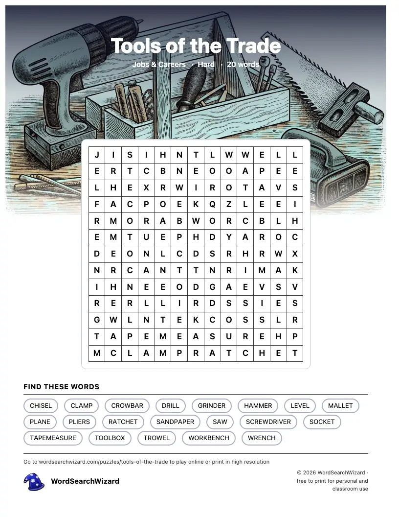 Tools of the Trade word search printable sheet, 20 words to find