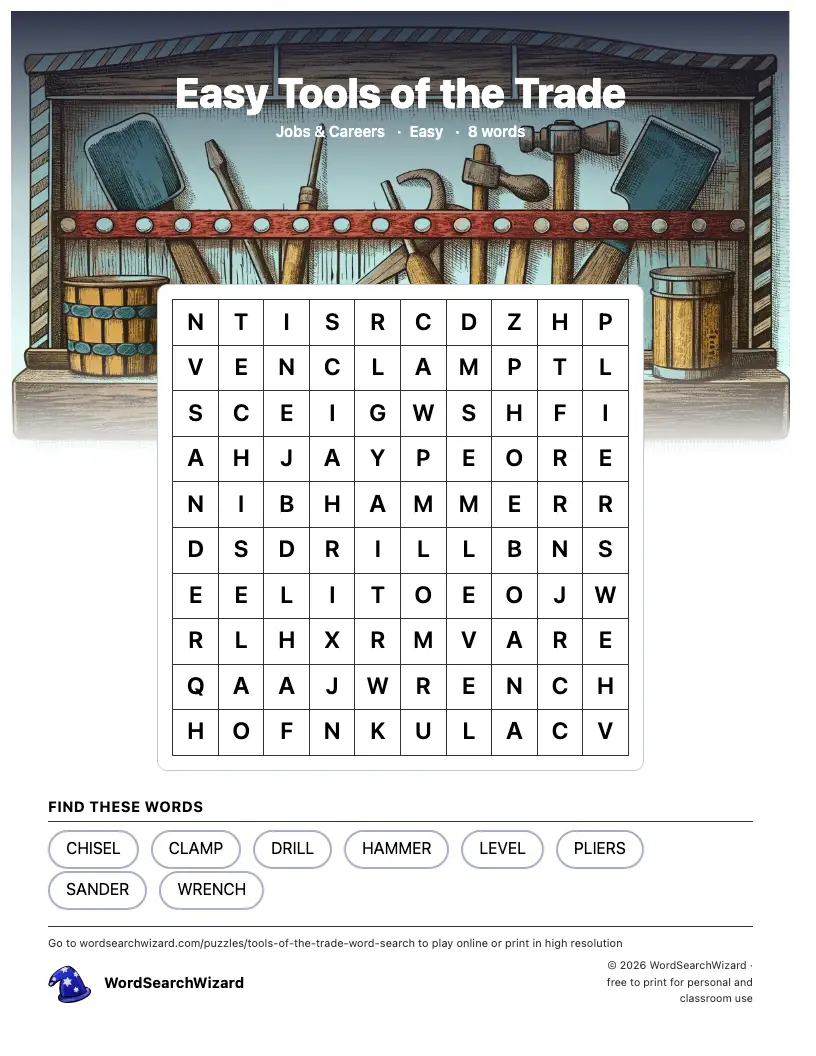Easy Tools of the Trade word search printable sheet, 8 words to find