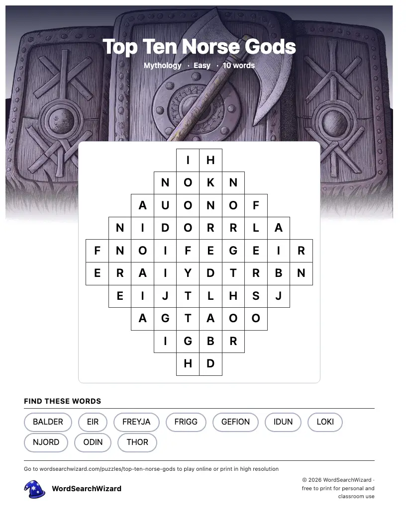 Top Ten Norse Gods word search printable sheet, 10 words to find