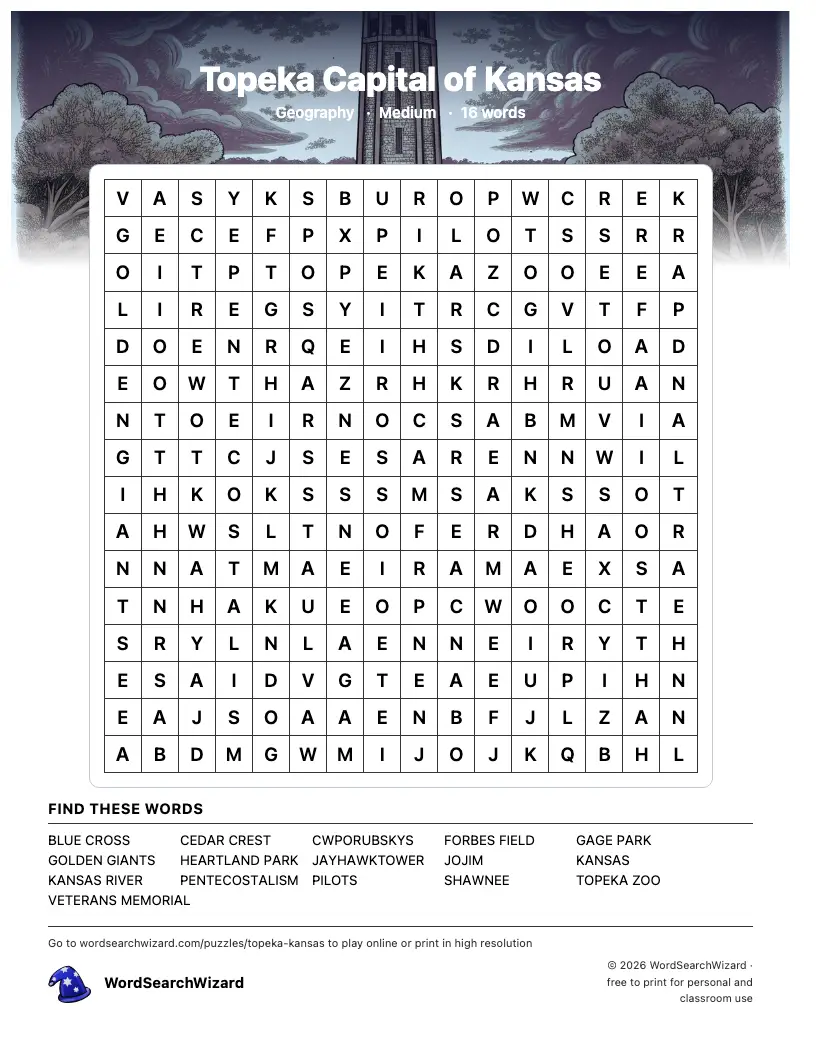 Topeka Capital of Kansas word search printable sheet, 16 words to find