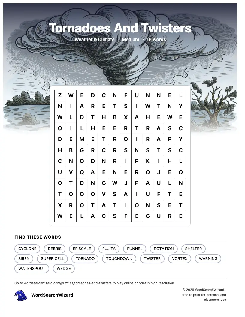 Tornadoes And Twisters word search printable sheet, 16 words to find