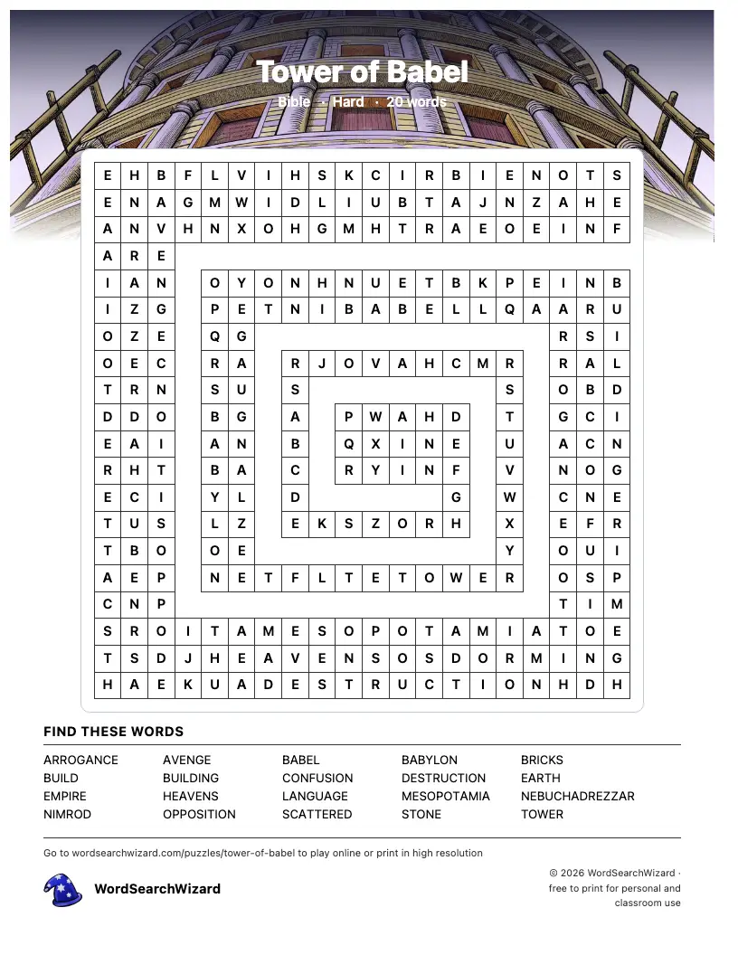 Tower of Babel word search printable sheet, 20 words to find