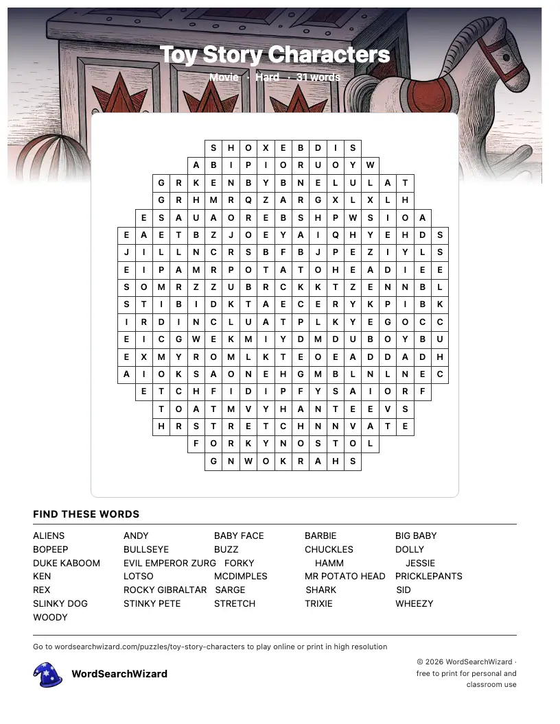 Toy Story Characters word search printable sheet, 31 words to find