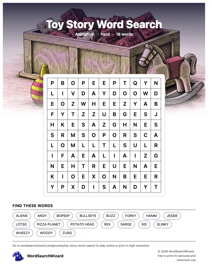 Toy Story word search printable sheet, 18 words to find