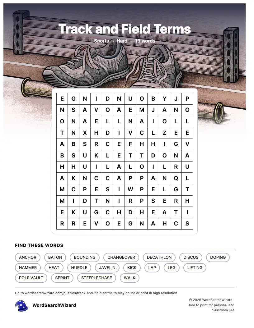 Track and Field Terms word search printable sheet, 19 words to find