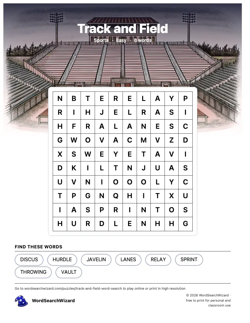Track and Field word search printable sheet, 8 words to find