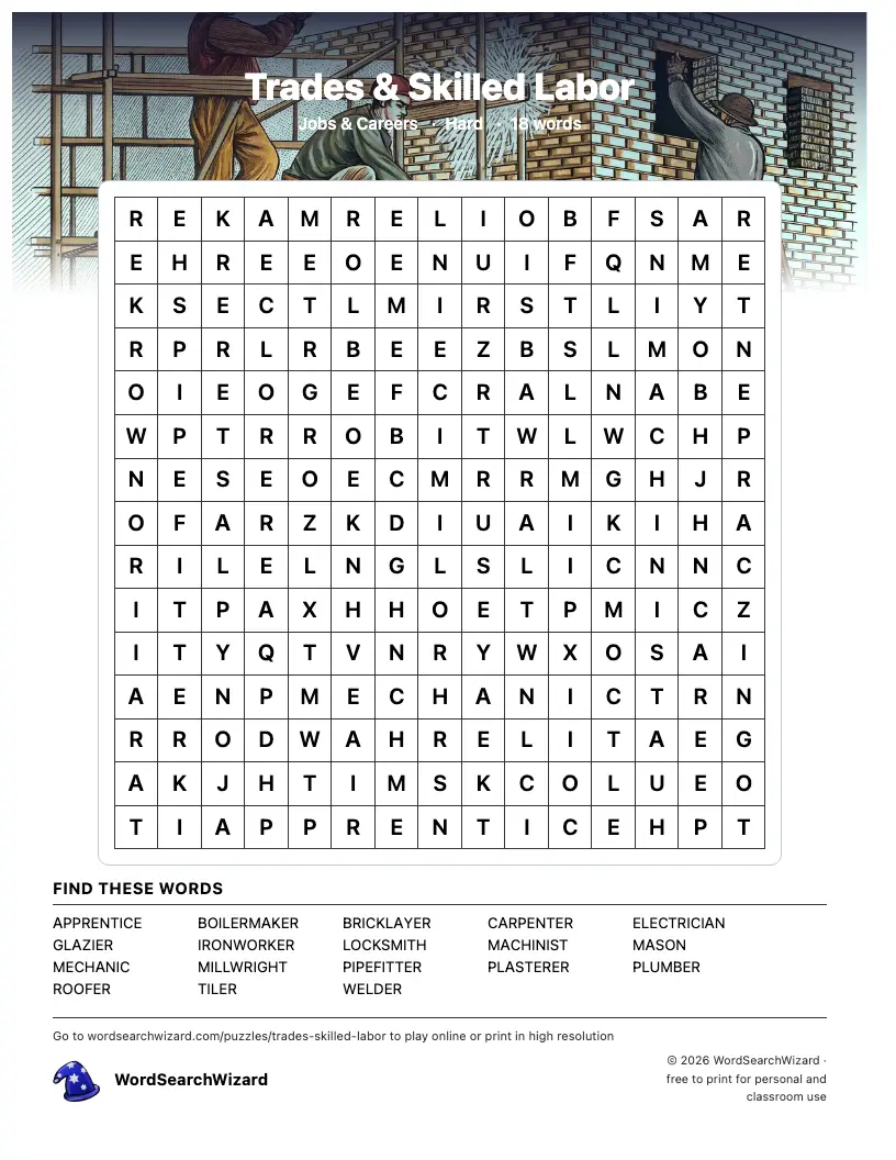 Trades & Skilled Labor word search printable sheet, 18 words to find