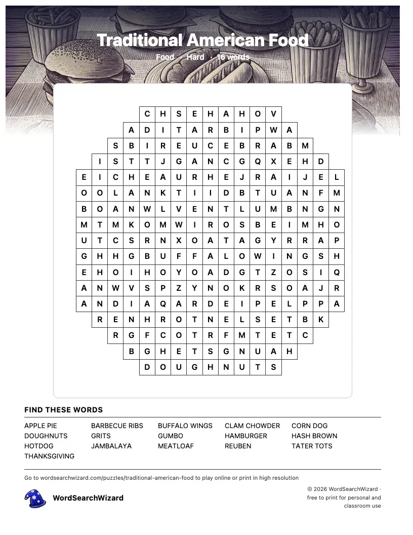 Traditional American Food word search printable sheet, 16 words to find