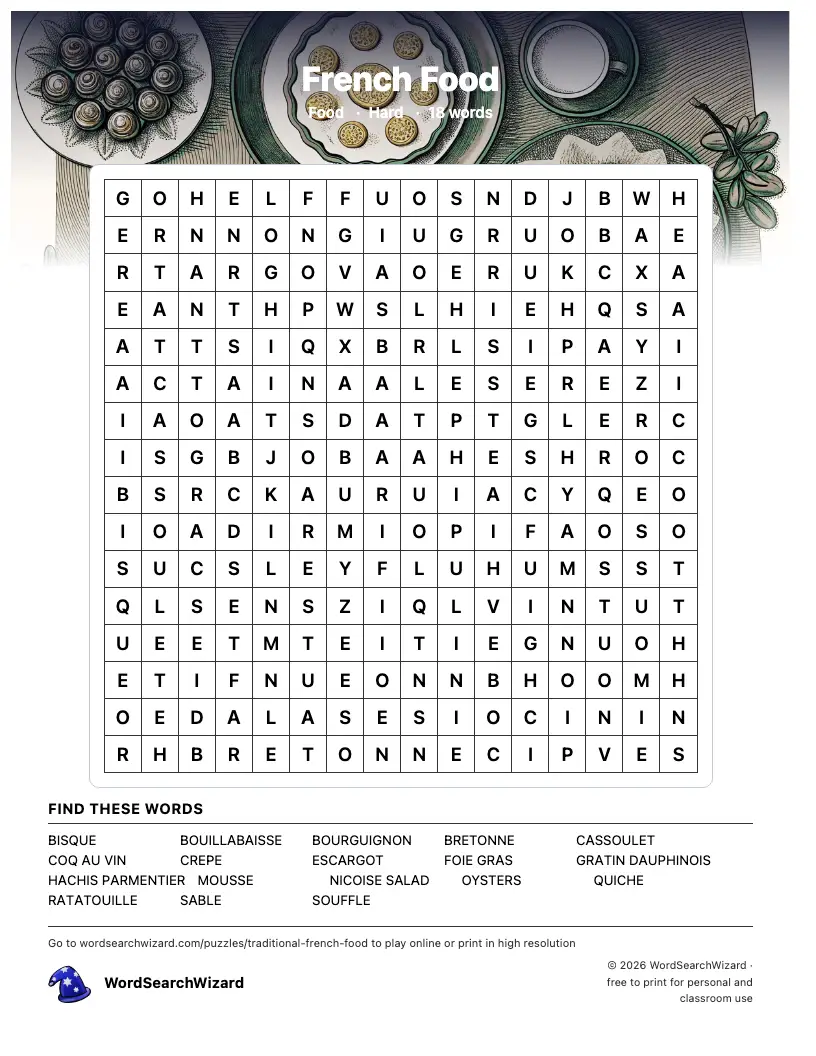 French Food word search printable sheet, 18 words to find