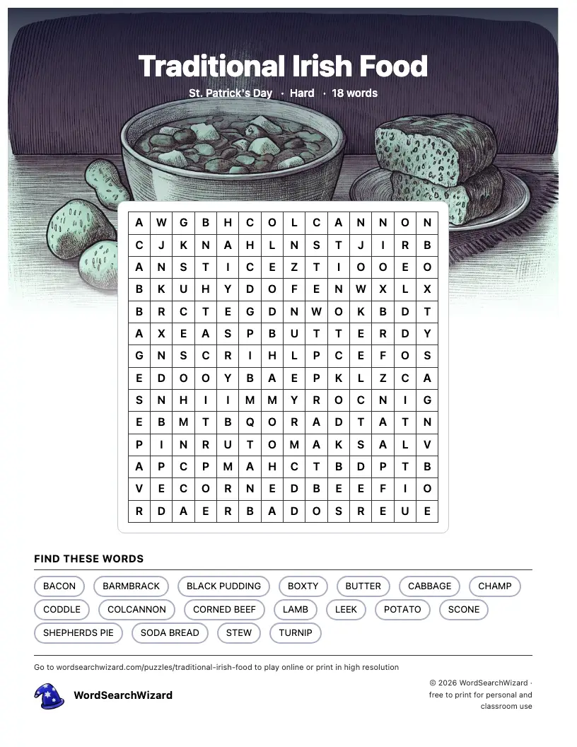 Traditional Irish Food word search printable sheet, 18 words to find
