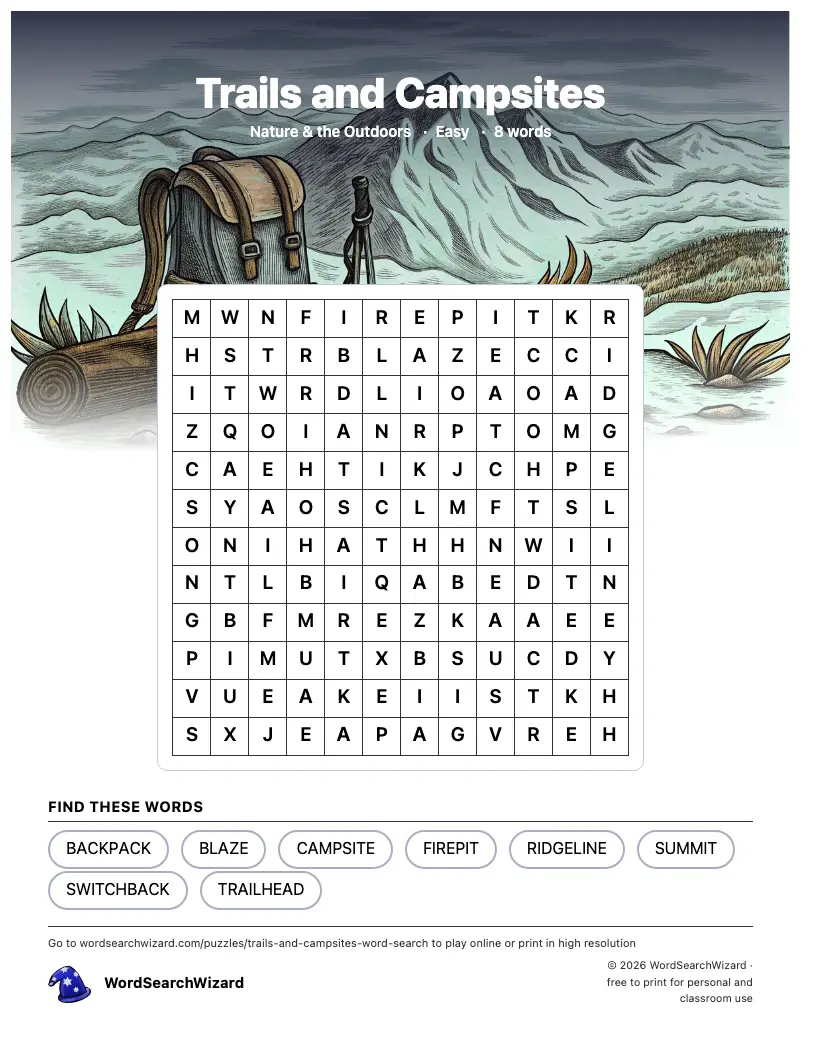 Trails and Campsites word search printable sheet, 8 words to find