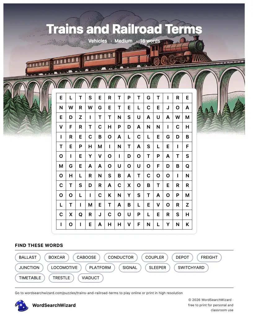 Trains and Railroad Terms word search printable sheet, 16 words to find