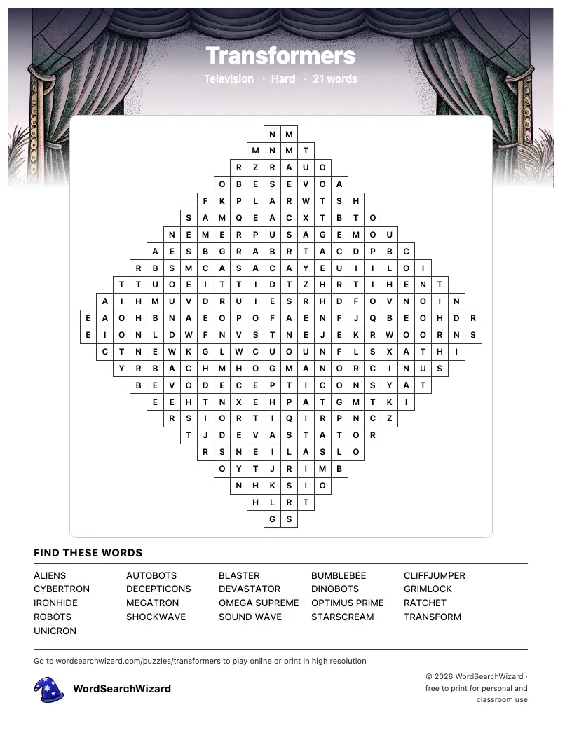 Transformers word search printable sheet, 21 words to find