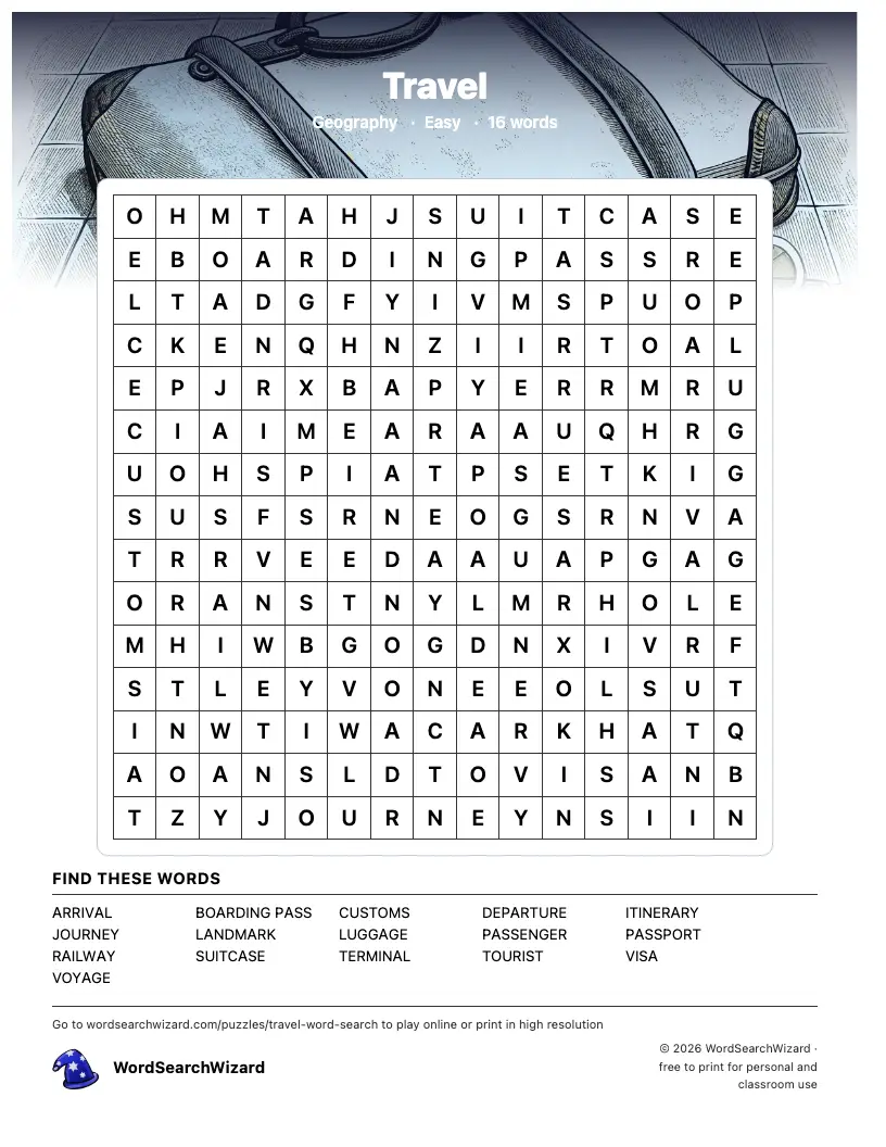 Travel word search printable sheet, 16 words to find