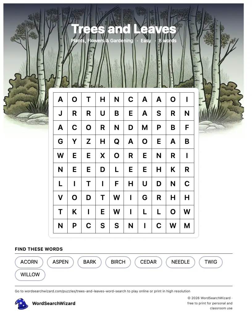 Trees and Leaves word search printable sheet, 8 words to find