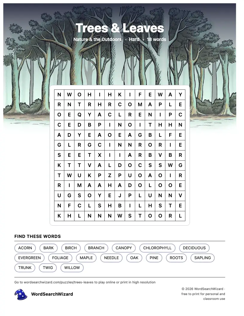 Trees & Leaves word search printable sheet, 18 words to find