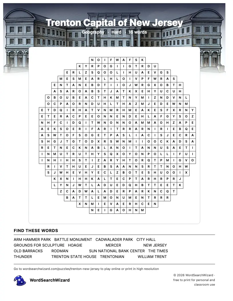 Trenton Capital of New Jersey word search printable sheet, 16 words to find