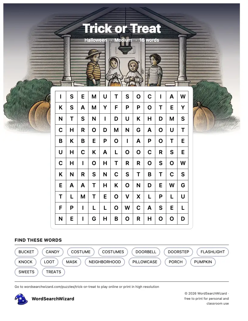 Trick or Treat word search printable sheet, 16 words to find
