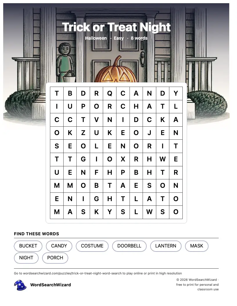 Trick or Treat Night word search printable sheet, 8 words to find