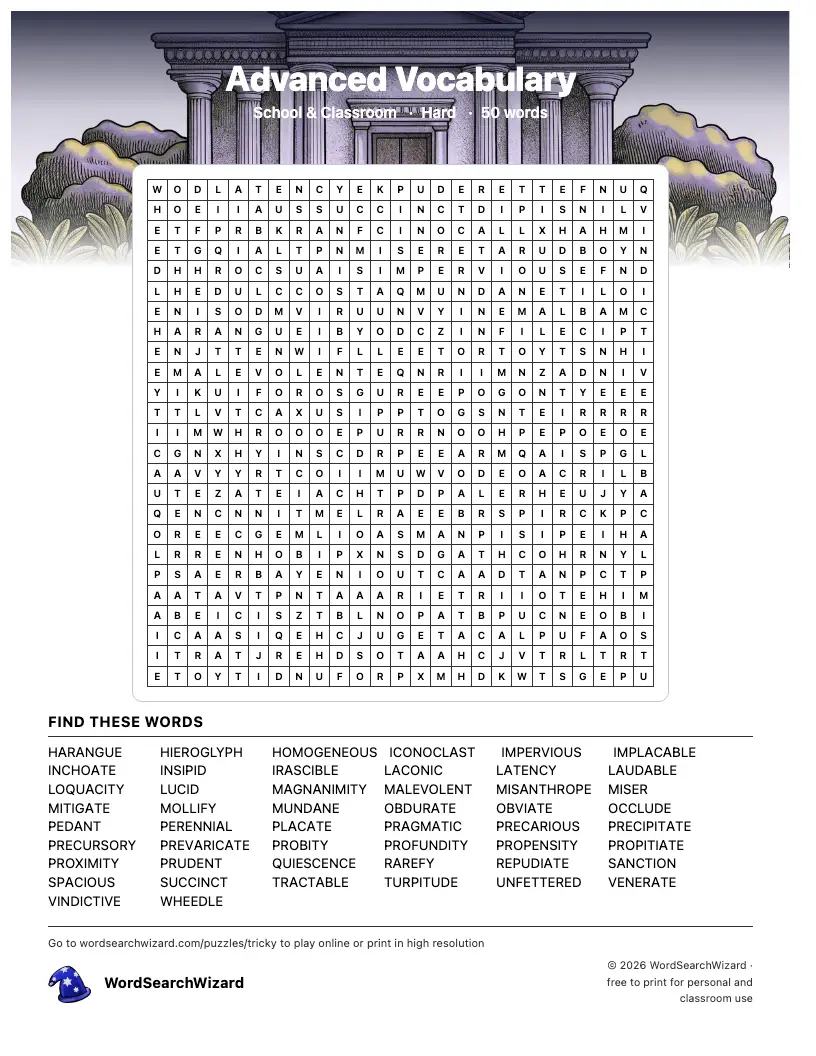 Advanced Vocabulary word search printable sheet, 50 words to find