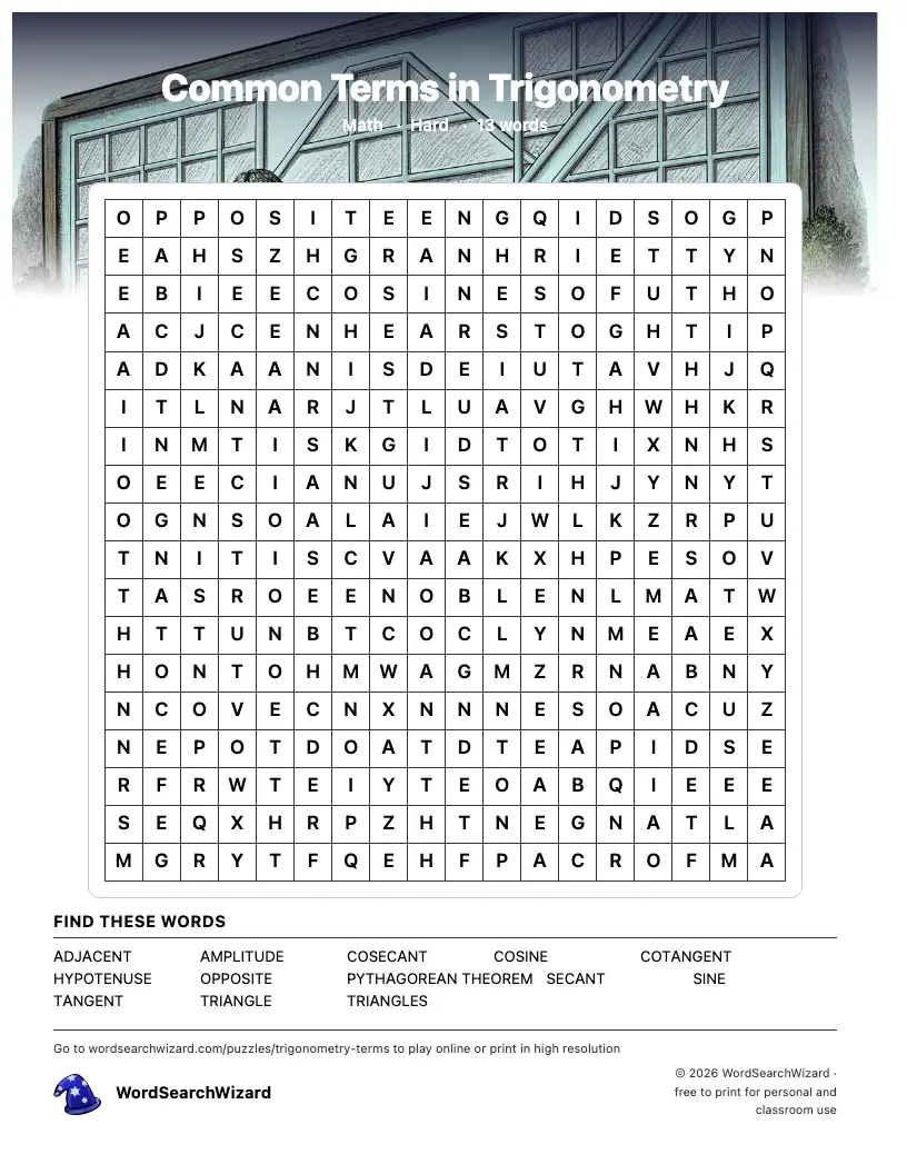 Common Terms in Trigonometry word search printable sheet, 13 words to find