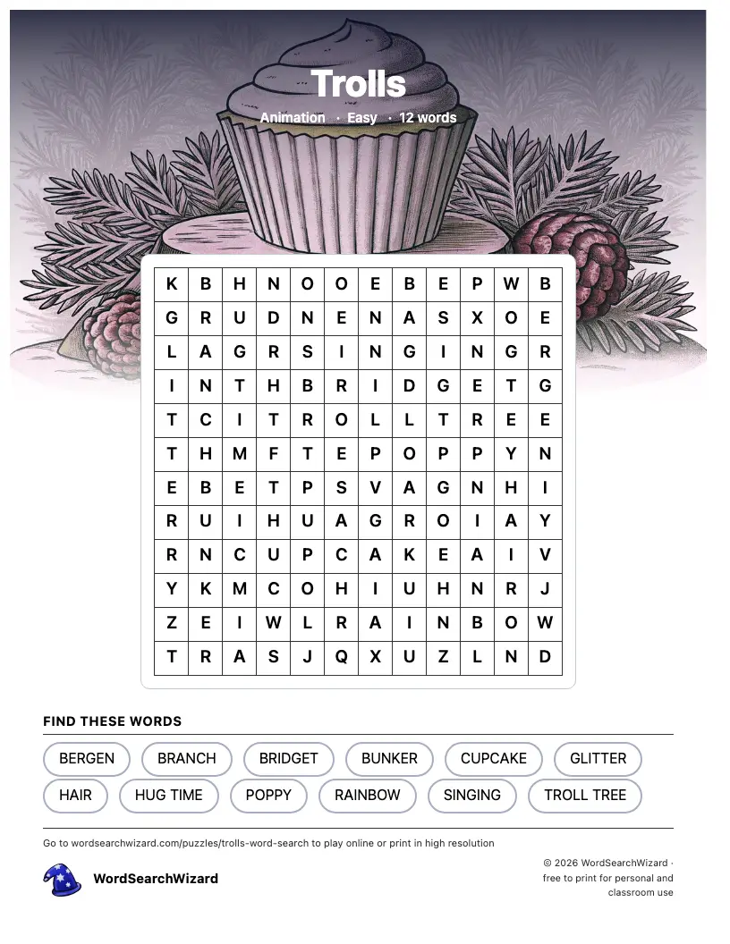Trolls word search printable sheet, 12 words to find