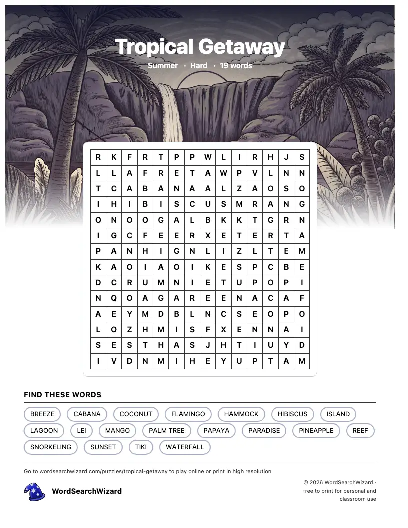 Tropical Getaway word search printable sheet, 19 words to find
