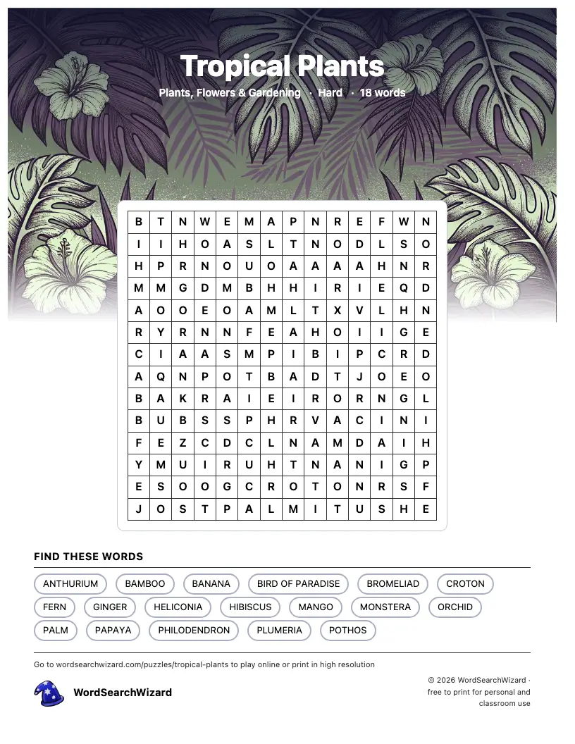 Tropical Plants word search printable sheet, 18 words to find