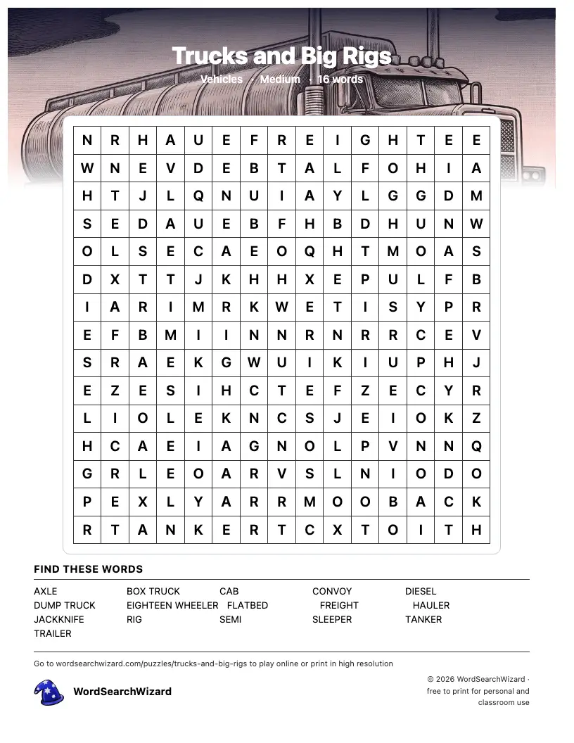 Trucks and Big Rigs word search printable sheet, 16 words to find
