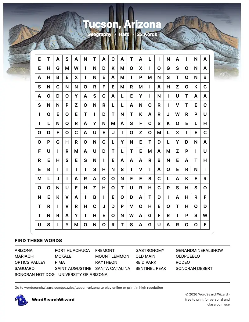 Tucson, Arizona word search printable sheet, 22 words to find