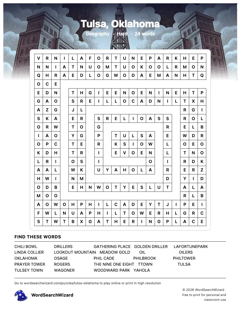 Tulsa, Oklahoma word search printable sheet, 24 words to find